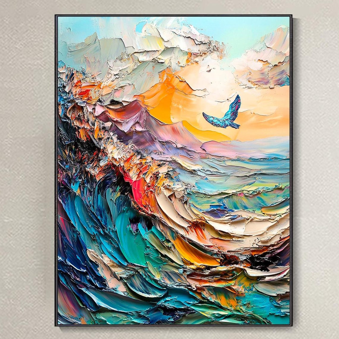 Blue Bird Flying Sunset Ocean Wave Abstract Impasto Art Poster