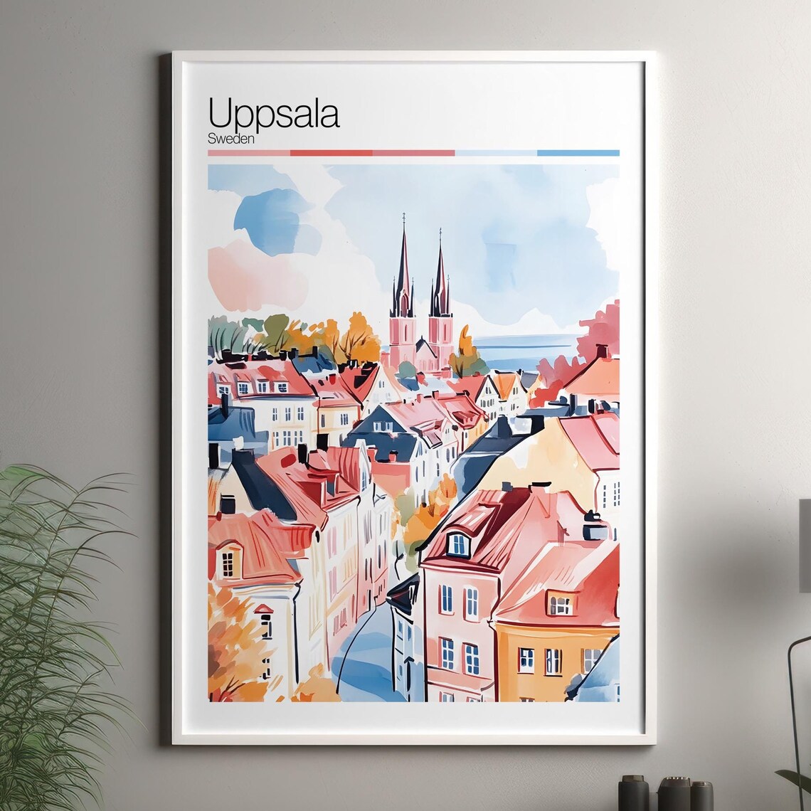 Uppsala Sweden Cathedral Watercolor Old Town Rooftops Travel Poster