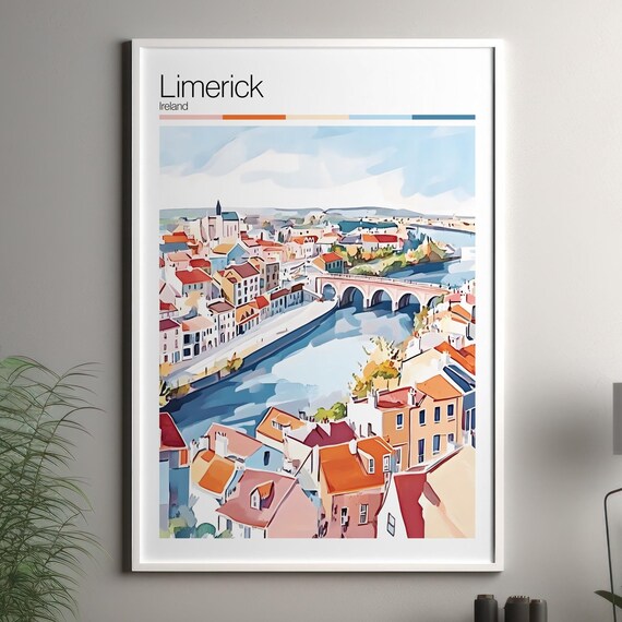 Limerick Ireland River Shannon Bridge Aerial Colorful Art Travel Poster