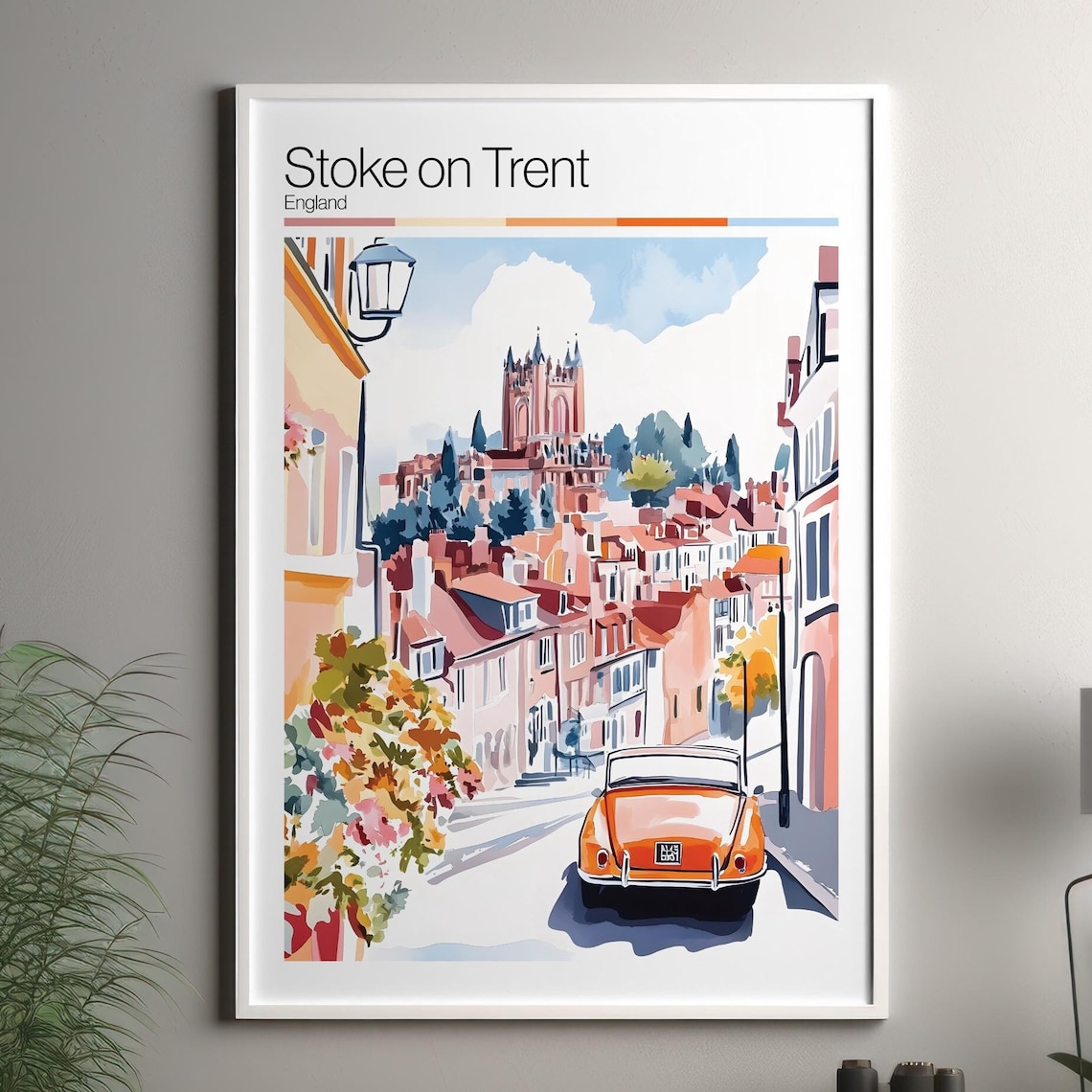 Stoke on Trent England Watercolor Street Scene With Orange Car Poster