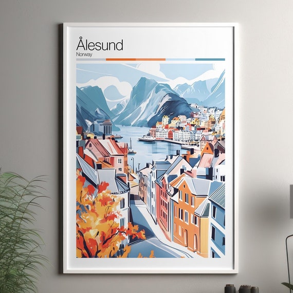 Lesund Print Soft Colors Travel Poster Colourful Wall Art Norway City Decor For