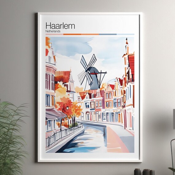 Haarlem Netherlands Windmill Canal Autumn Cityscape Travel Art Poster