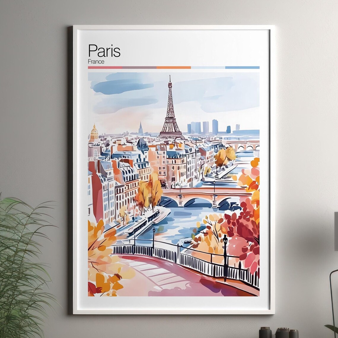Paris France Eiffel Tower Autumn Seine Watercolor Travel Poster