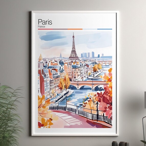 Paris France Eiffel Tower Autumn Seine Watercolor Travel Poster