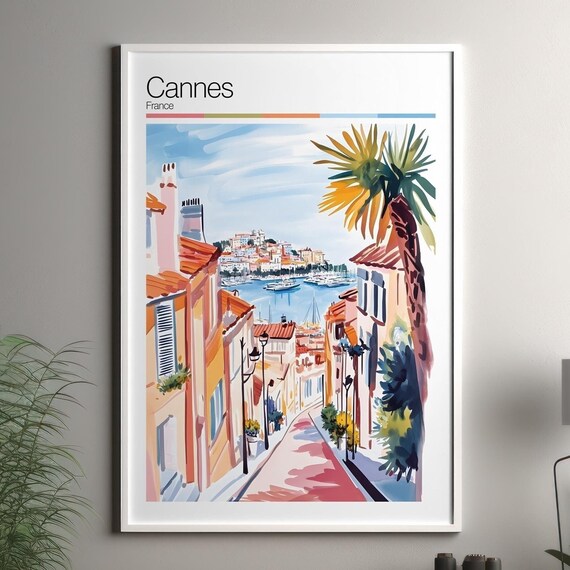Cannes France Harbor Street Palm Trees Watercolor Travel Poster