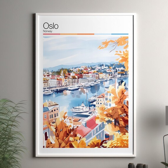 Oslo Norway Travel Poster Autumn Harbor Boats Waterfront Cityscape Scene