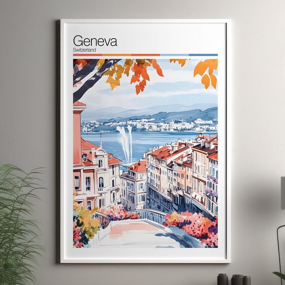 Geneva Switzerland Lake Waterfront Jet Fountain Travel Art Poster