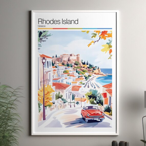 Rhodes Island Greece Old Town Castle Beach Red Vintage Car Travel Poster
