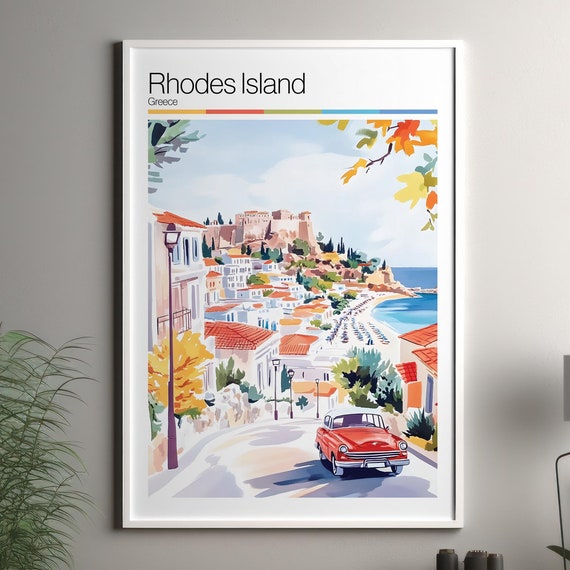 Rhodes Island Print Soft Colors Travel Poster Colourful Wall Greece City Decor