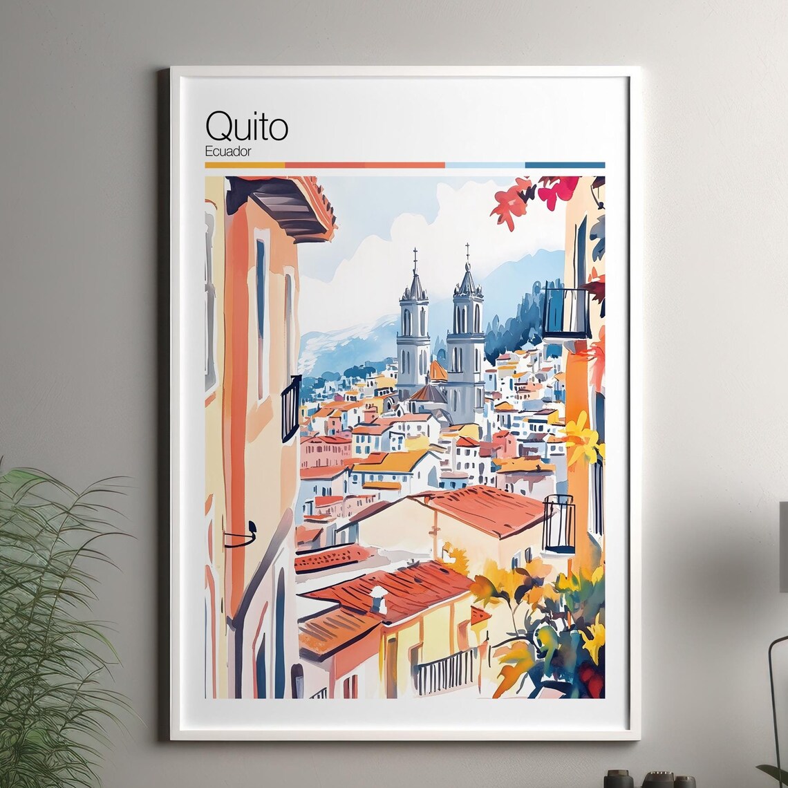 Quito Ecuador Church Towers Rooftop Watercolor Travel Poster