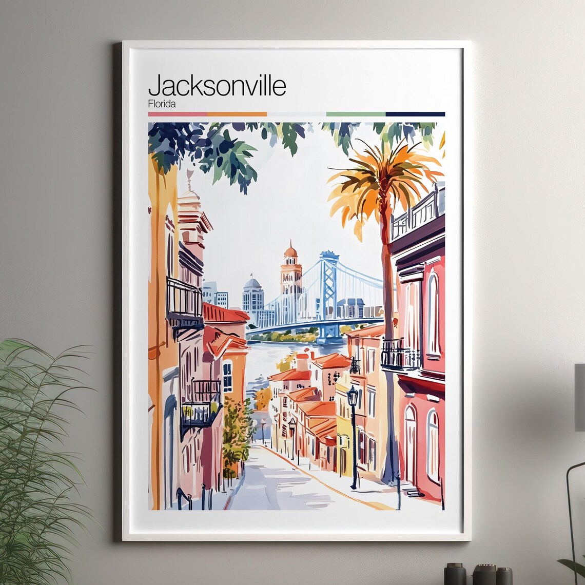 Jacksonville Florida Bridge Street Watercolor City Travel Poster