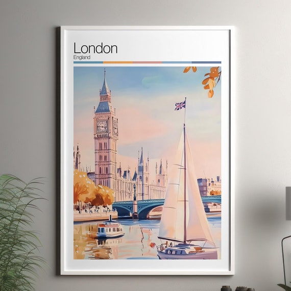London Print Soft Colors Travel Poster Colourful Wall Art United Kingdom City Decor For