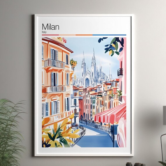 Milan Italy Travel Poster Duomo Cathedral Pink Street Cityscape Watercolor Art