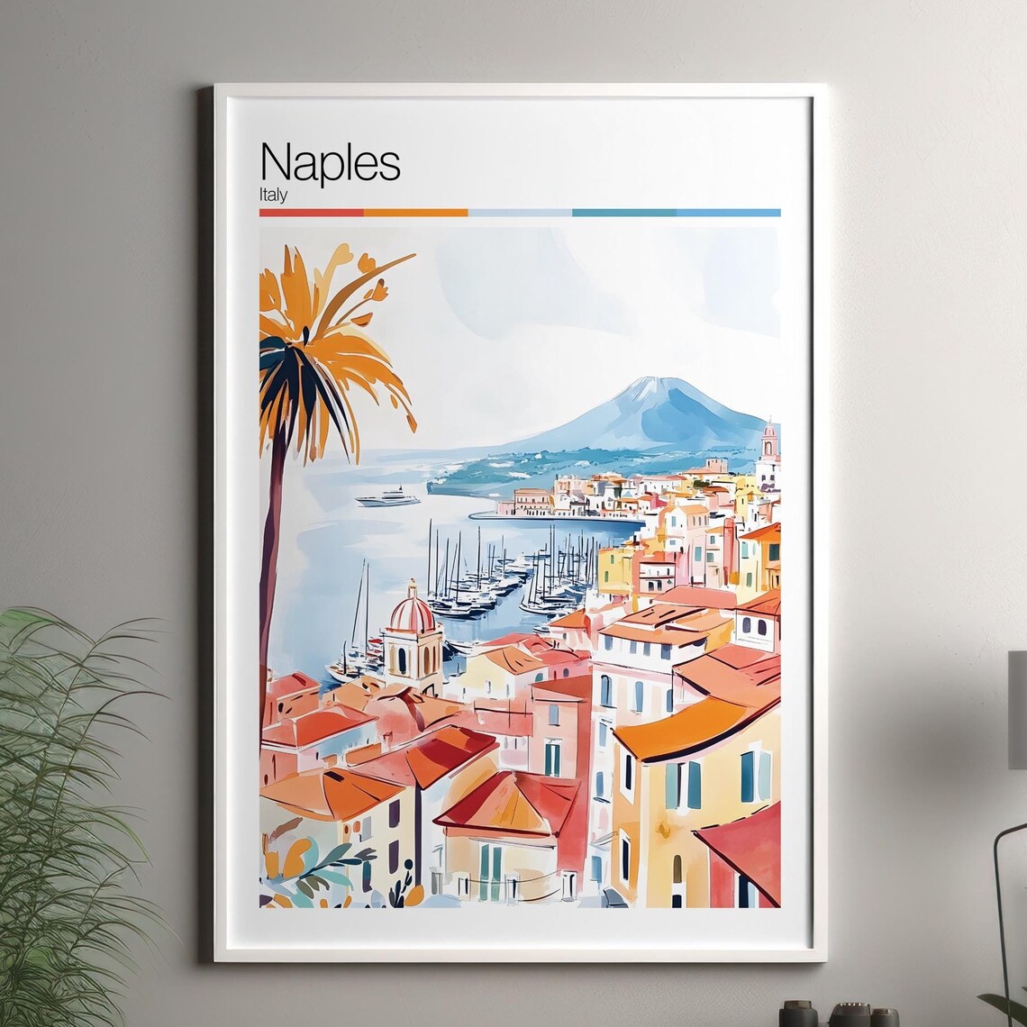 Naples Italy Travel Poster Watercolor Marina Sailboats Palm Scene