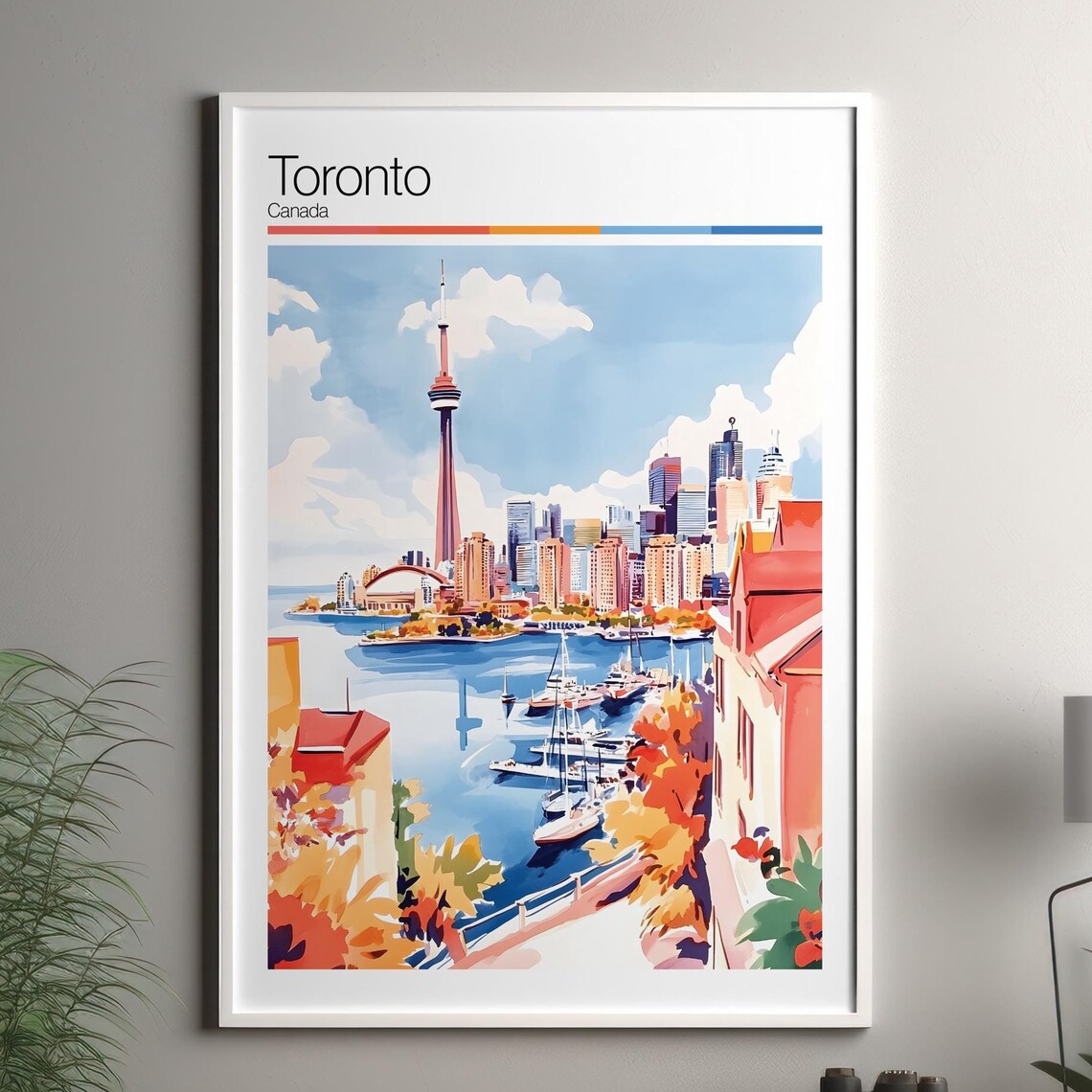 Toronto Canada Harbor Skyline CN Tower Watercolor Travel Poster
