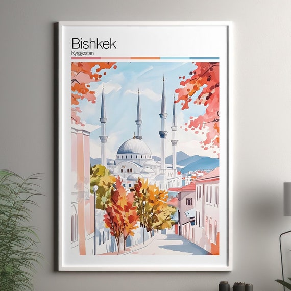 Bishkek Print Soft Colors Travel Poster Colourful Wall Art Kyrgyzstan City Decor For