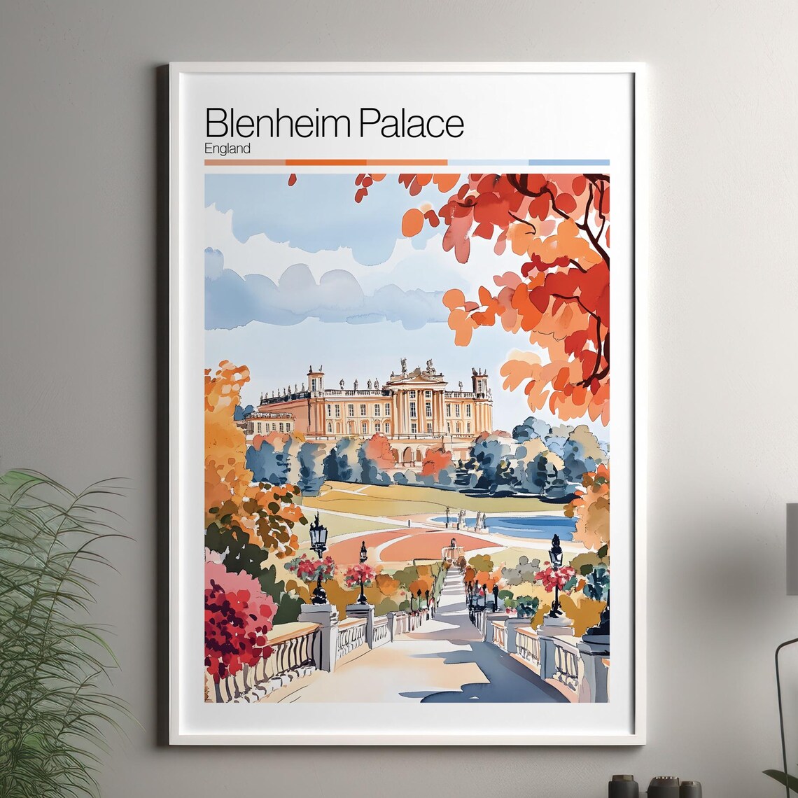 Blenheim Palace England Autumn Garden Watercolor Travel Poster