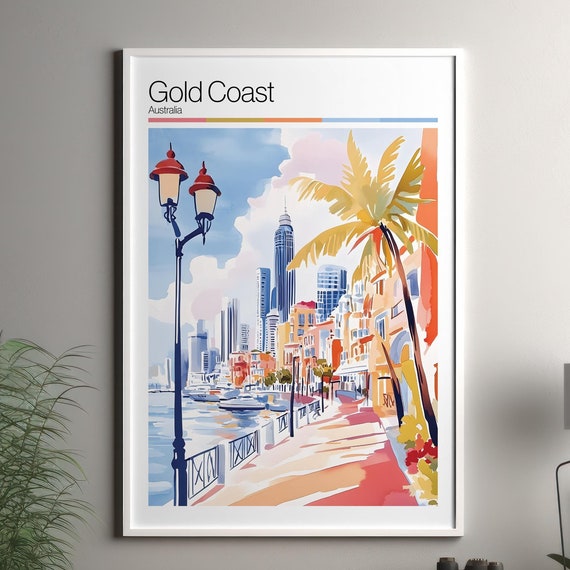 Gold Coast Print Soft Colors Travel Poster Colourful Wall Art Australia City Decor
