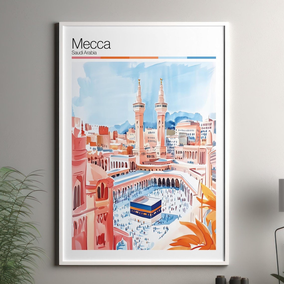 Mecca Print Soft Colors Travel Poster Colourful Wall Art Saudi Arabia City Decor For