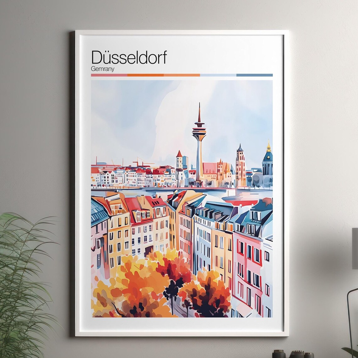 Dusseldorf Germany Watercolor Travel Poster With Rheinturm Tower View