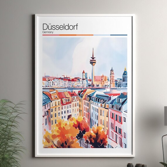 Dusseldorf Germany Watercolor Travel Poster With Rheinturm Tower View