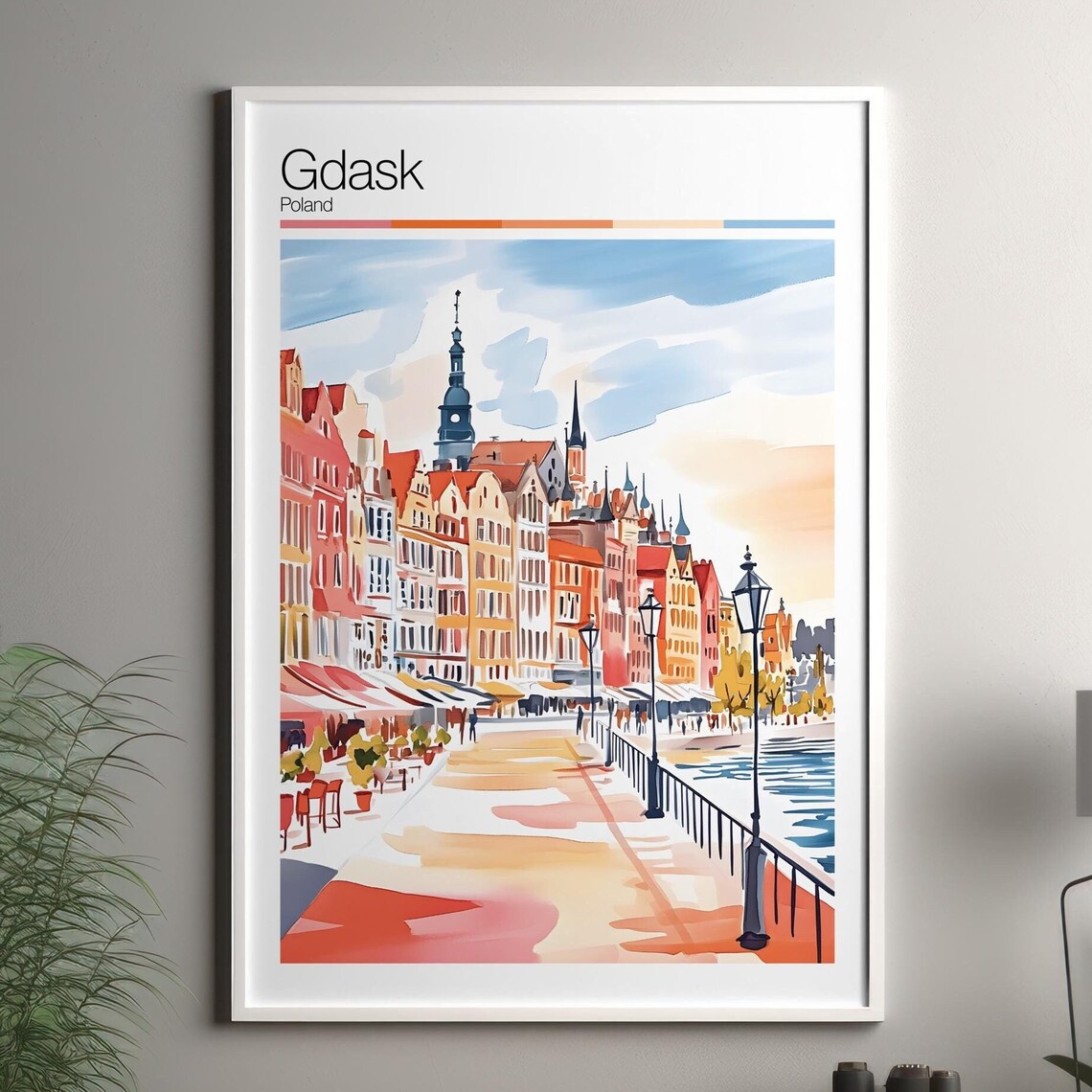 Gdańsk Poland Old Town Waterfront Watercolor Travel Art Poster