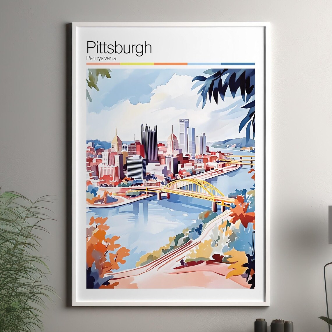 Pittsburgh Pennsylvania Rivers Bridges Skyline Watercolor Travel Poster