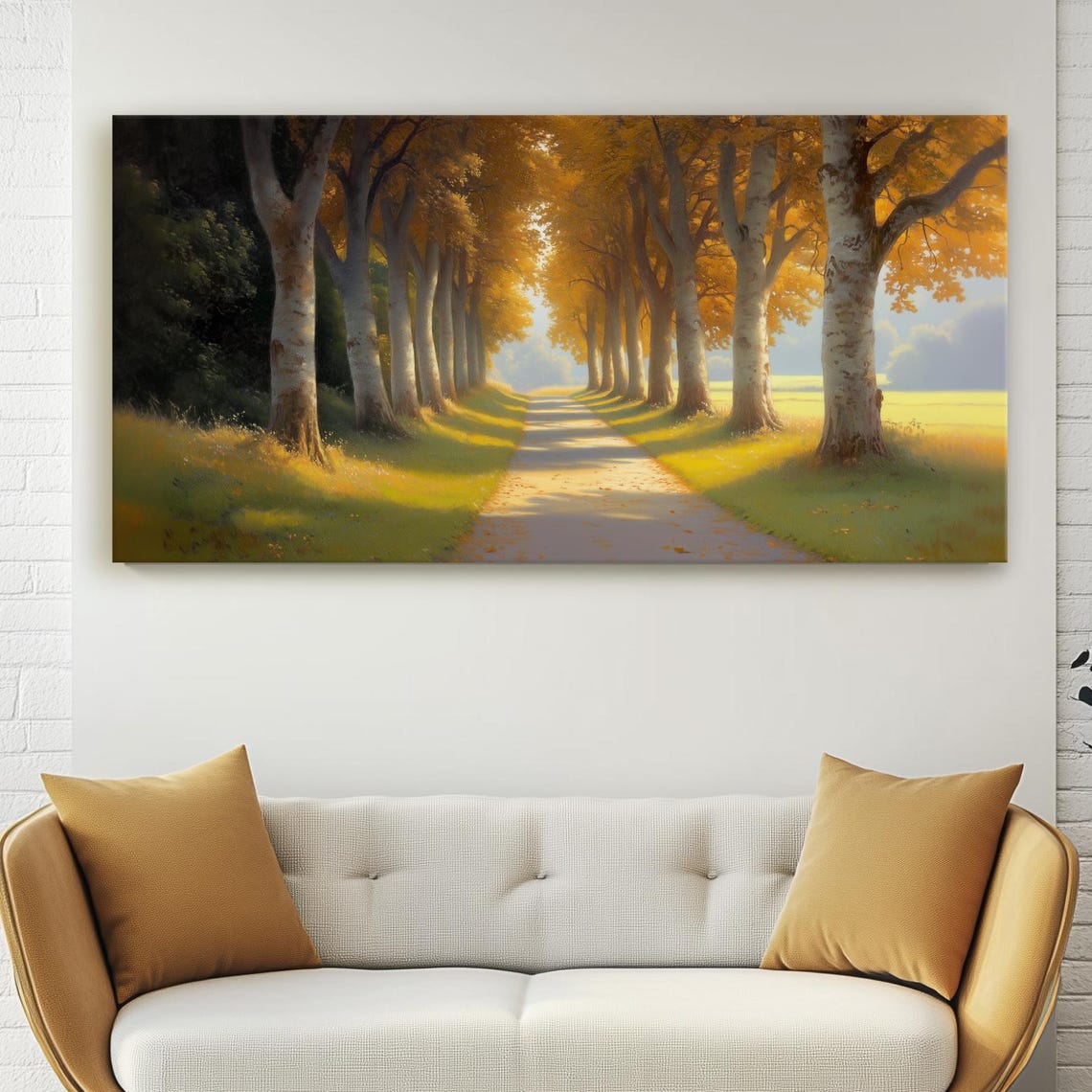 Golden Autumn Birch Tree Alley Along a Sunlit Countryside Road Poster