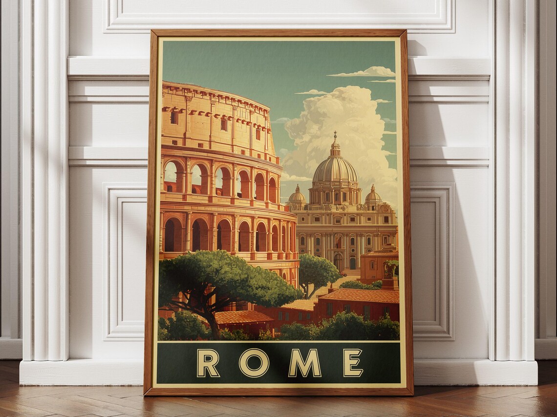 Rome Italy Colosseum and Vatican Basilica Retro Travel Poster