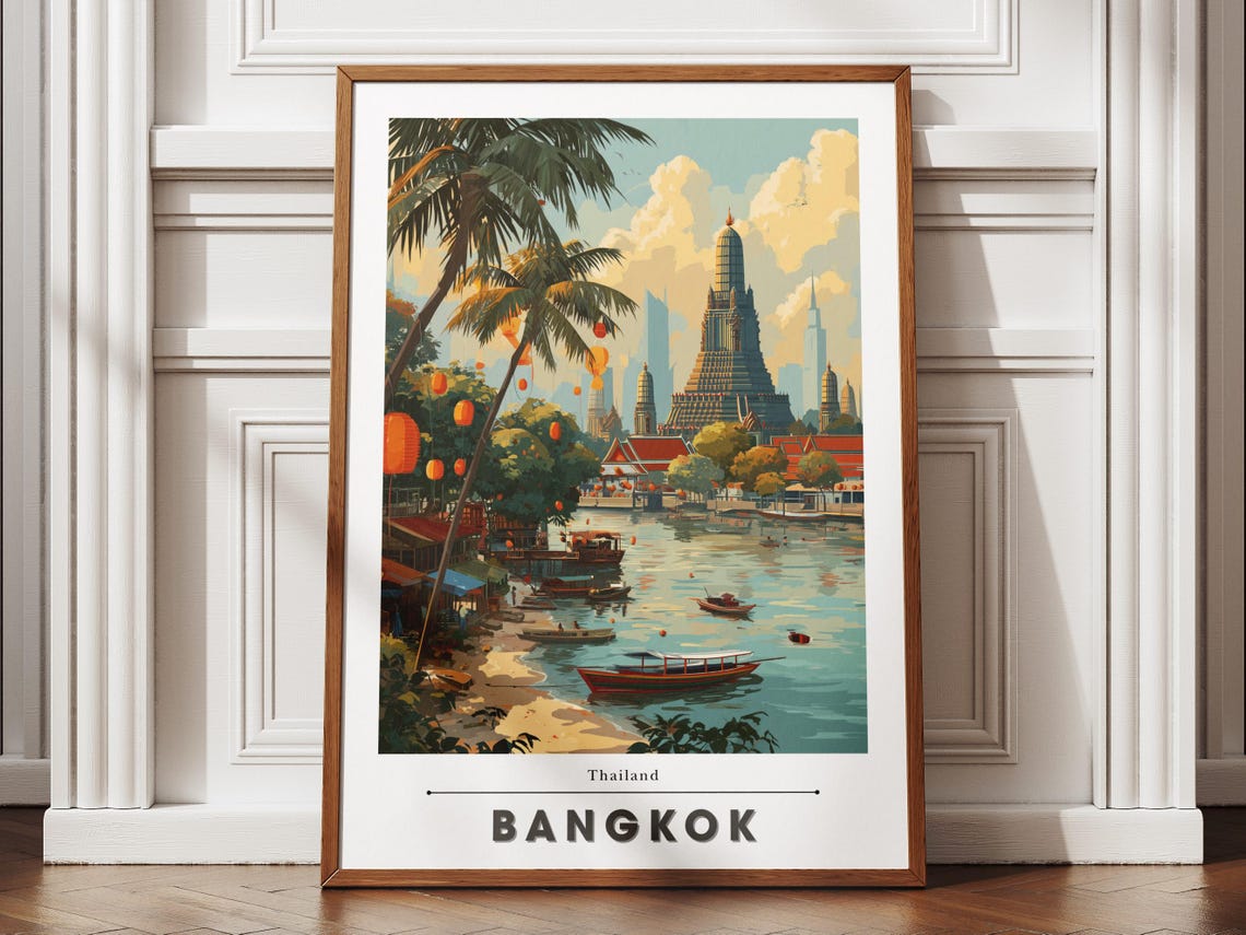 Bangkok Thailand Riverside Temple Boats Tropical Travel Poster