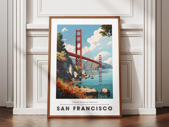 San Francisco Travel Poster Flat Design Golden Gate Bridge Minimal Cityscape Wall Art Print Decor Usa Gift