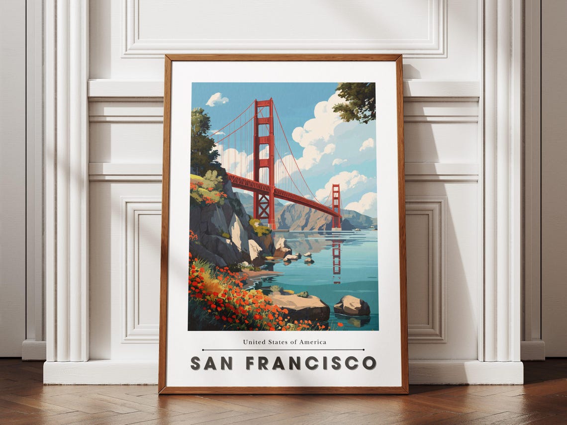 San Francisco Travel Poster Flat Design Golden Gate Bridge Minimal Cityscape Wall Art Print Decor Usa Gift