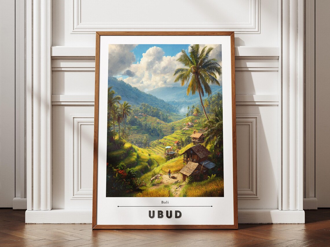 Lush Ubud Bali Rice Terraces Palm Trees Vintage Travel Poster