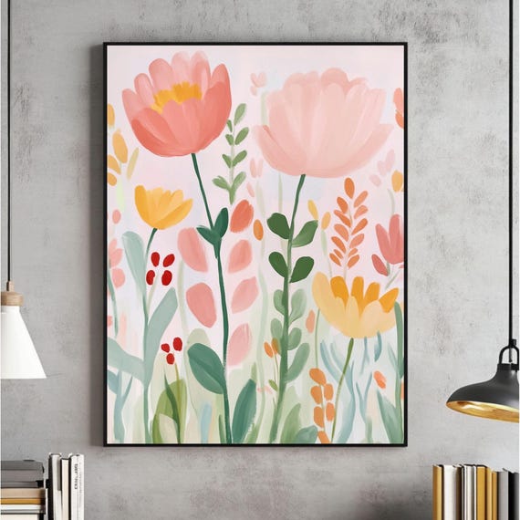 Bright Abstract Flower Botanical Wall Art Spring Floral Modern Pink And Green Prints Colorful Poster File