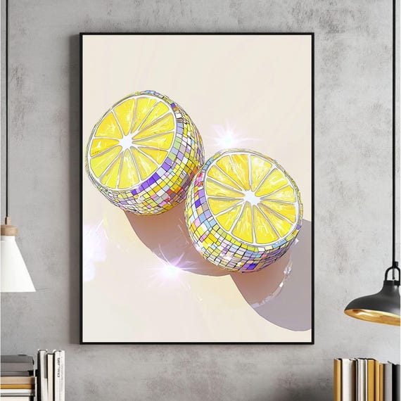 Disco Lemons Wall Art Poster Glam Ball Print Preppy Trendy Maximalist Kitchen Decor