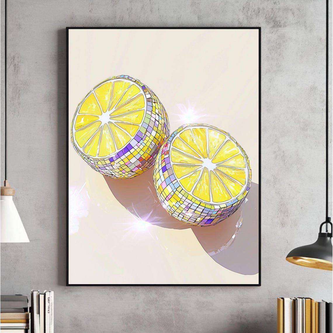 Disco Ball Lemon Halves Sparkly Mirror Tile Citrus Fruit Poster