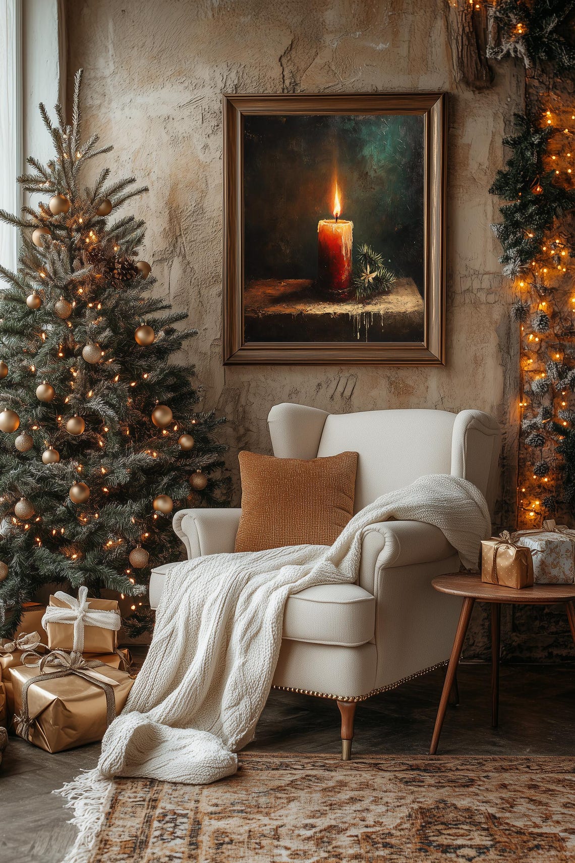 Burning Red Christmas Candle Pine Branch Dark Moody Holiday Print - Image 2