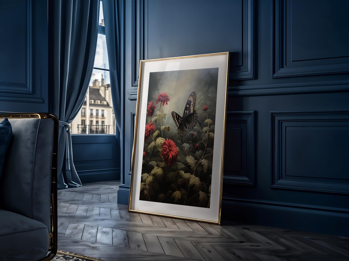 Swallowtail Butterfly Over Red Dahlias Dark Moody Floral Garden Print - Image 2