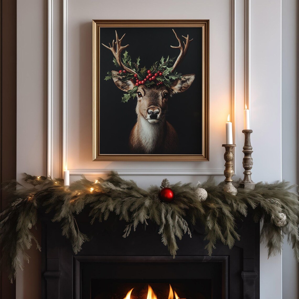 Reindeer Portrait Holly Berry Crown Christmas Holiday Deer Print - Image 3