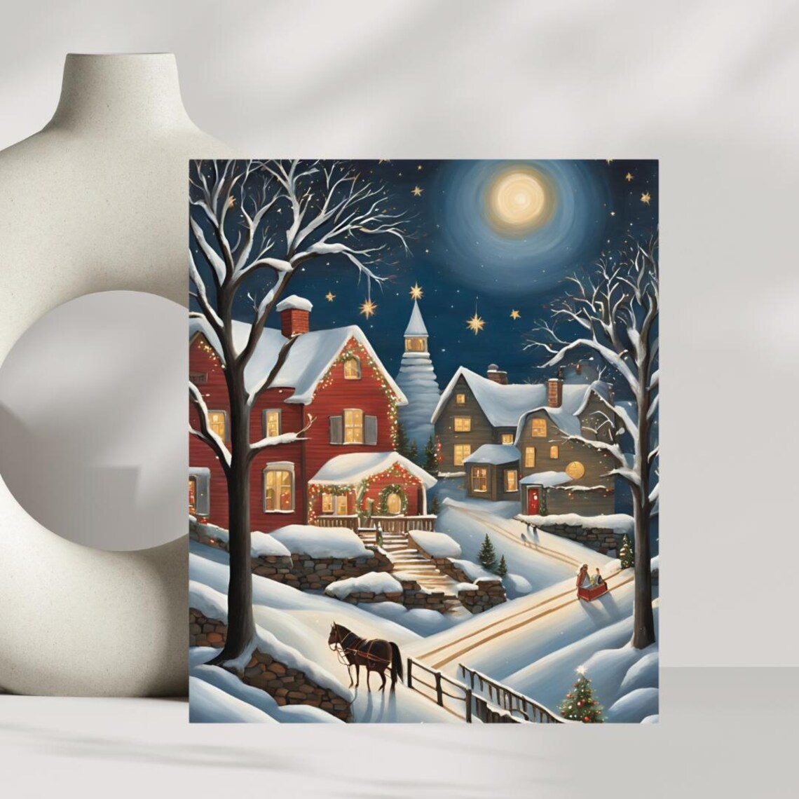 Folk Art Winter Night Village Moon Stars Horse Sleigh Scene Poster