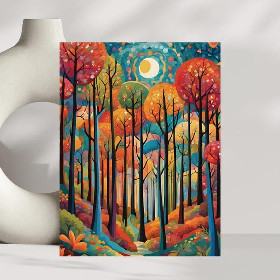 Folk Art Forest Print Colorful Nature Poster Scandinavian Boho Decor