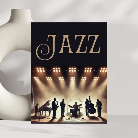 Jazz Band Silhouette On Stage Gold Title Vintage Music Art Poster