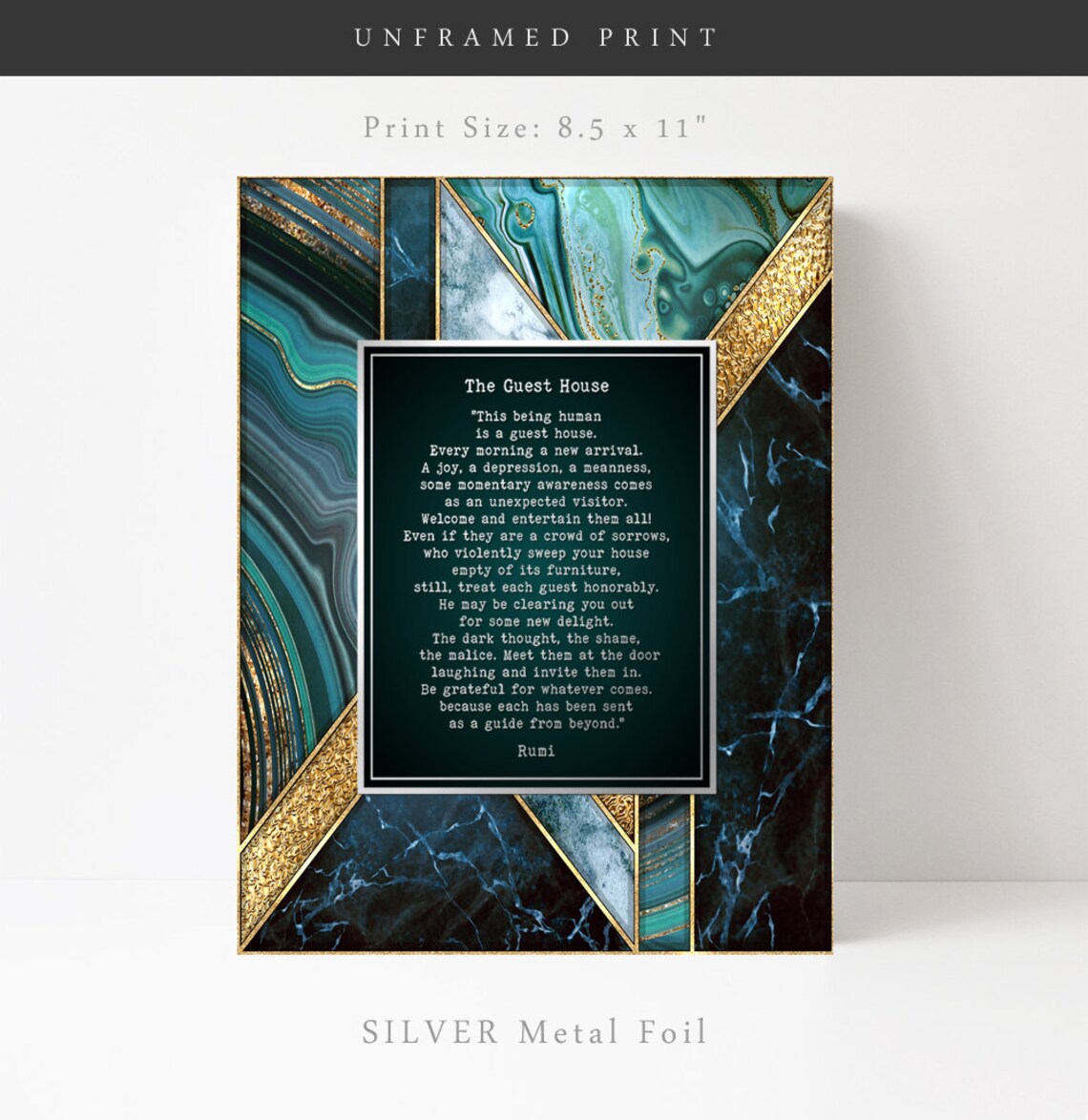 The Guest House Rumi Poem Teal Marble Gold Foil Mindfulness Wall Poster - Image 3
