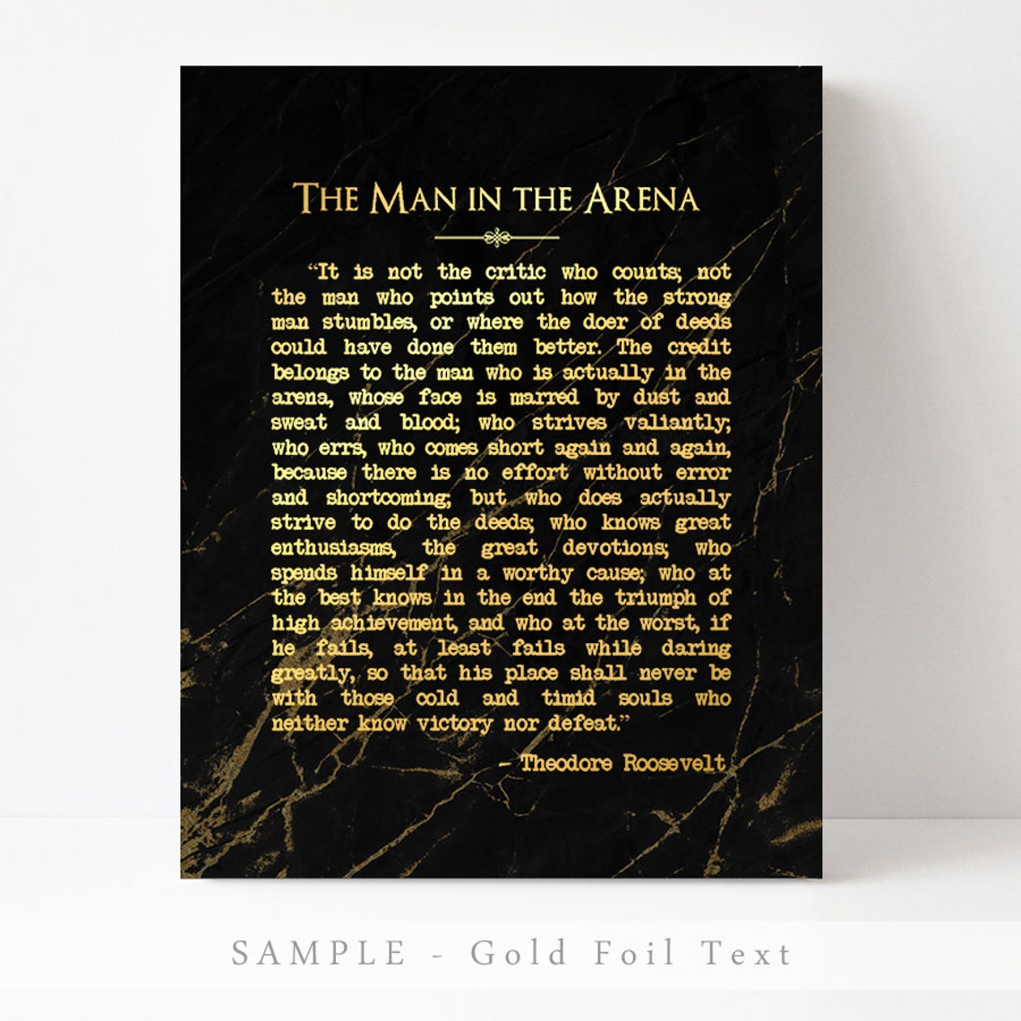 Theodore Roosevelt The Man In The Arena Gold Black Marble Wall Art - Image 3