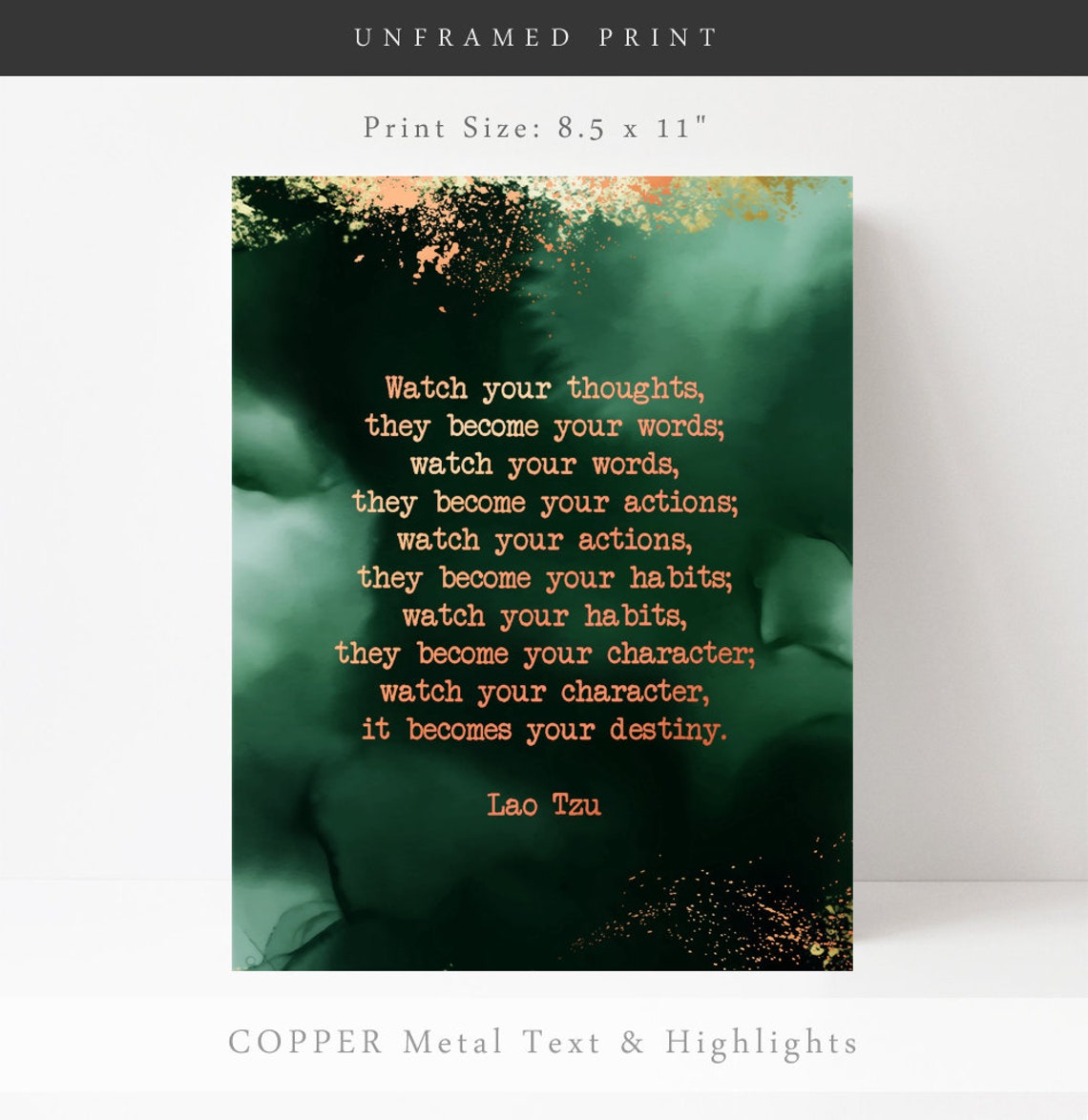 Lao Tzu Watch Your Thoughts Quote Green Watercolor Gold Foil Poster - Image 3