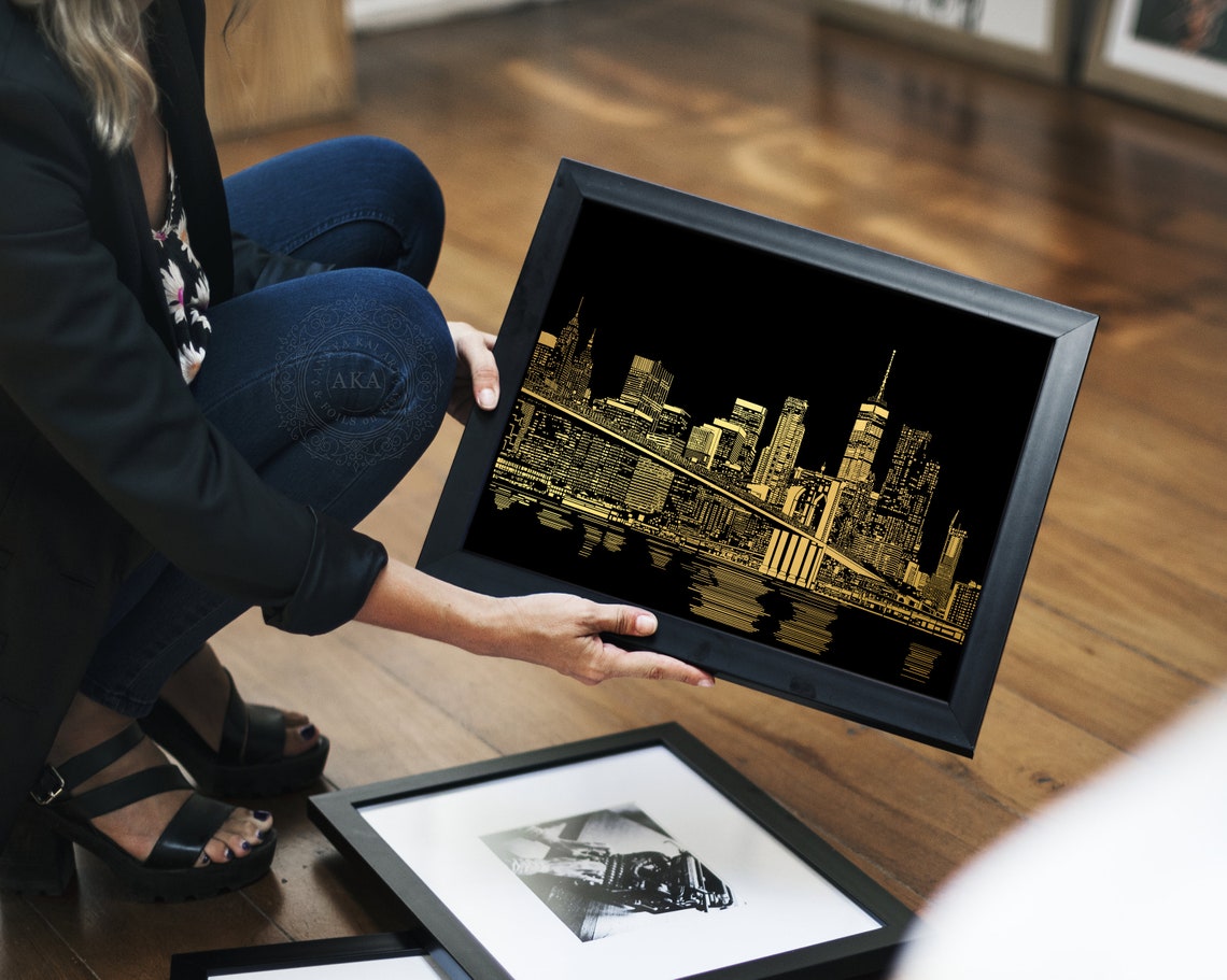 New York City Skyline Gold Foil Brooklyn Bridge Night Wall Art - Image 3