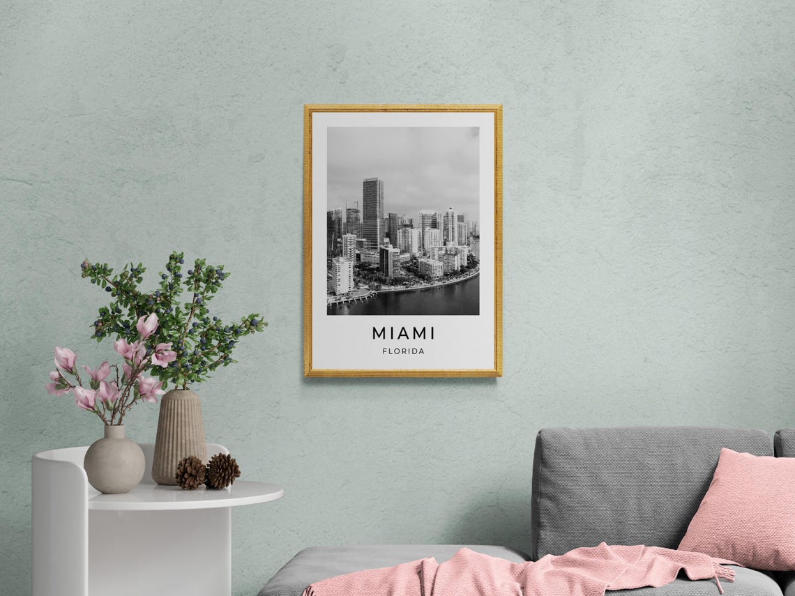 Miami Florida Downtown Brickell Skyline Bay Aerial Monochrome Poster - Image 2