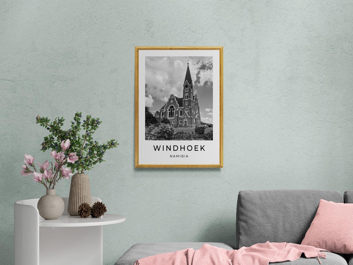 Windhoek Namibia Christ Church Stone Spire Monochrome Travel Poster - Image 2
