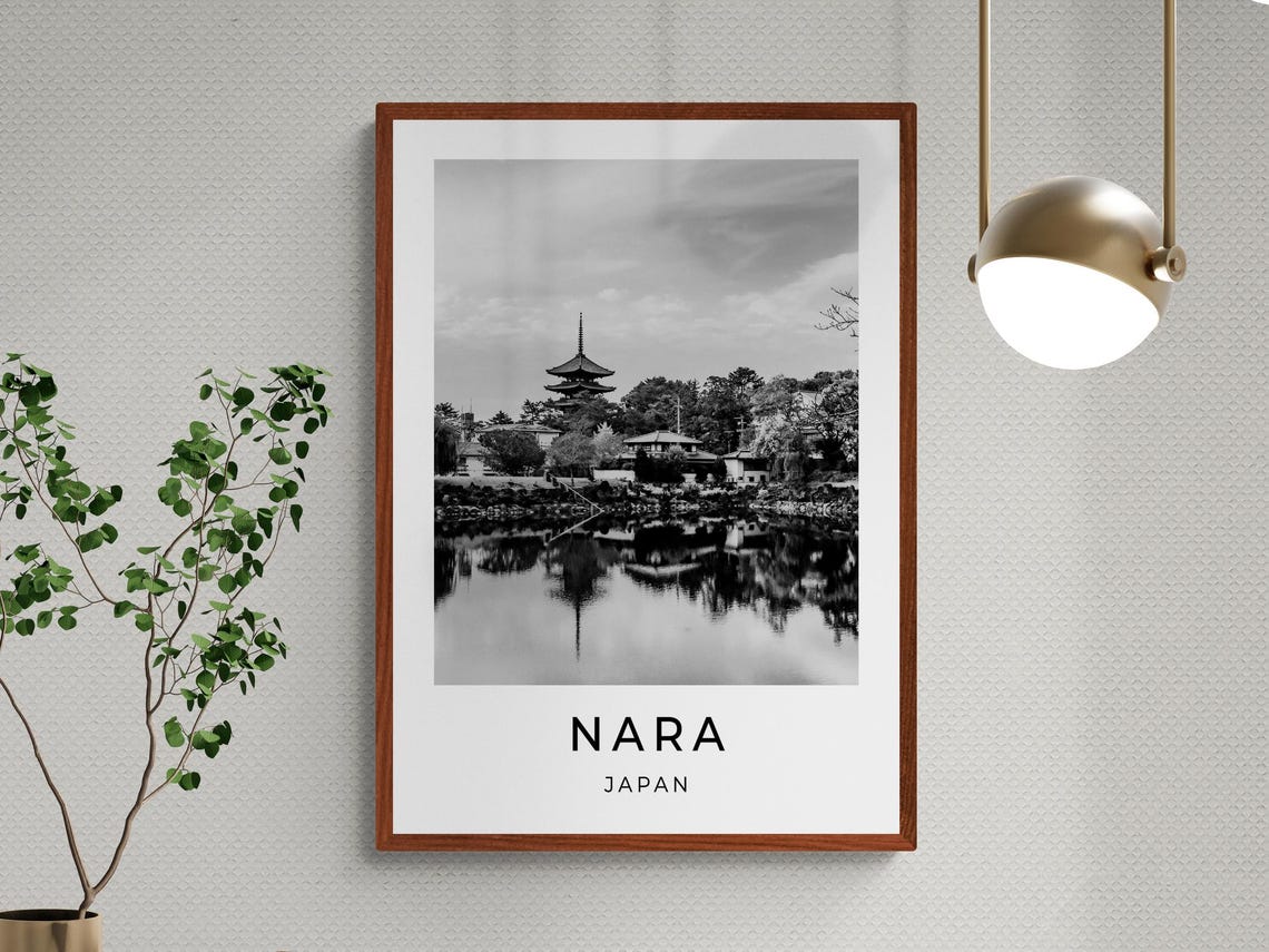 Nara Japan Pagoda Pond Reflection Serene Black White Travel Poster - Image 3