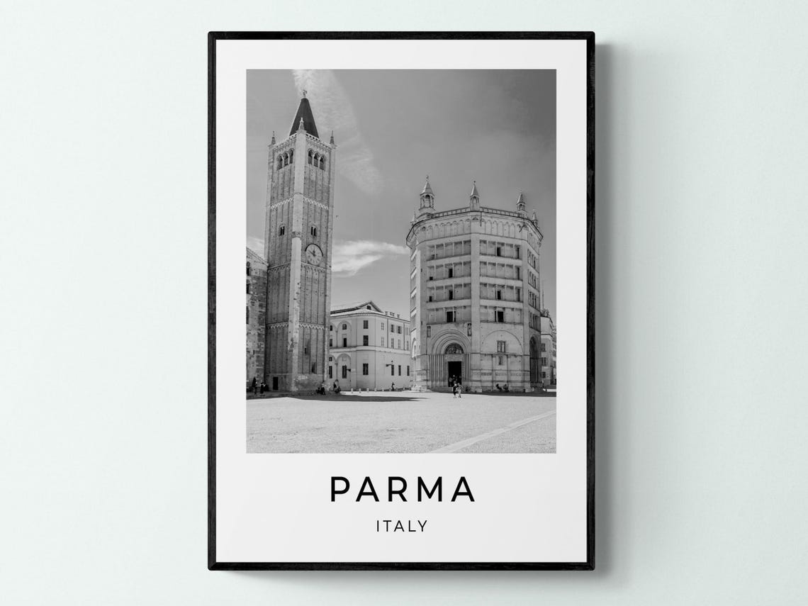 Parma Italy Black and White Cathedral Bell Tower Square Travel Poster - Image 3